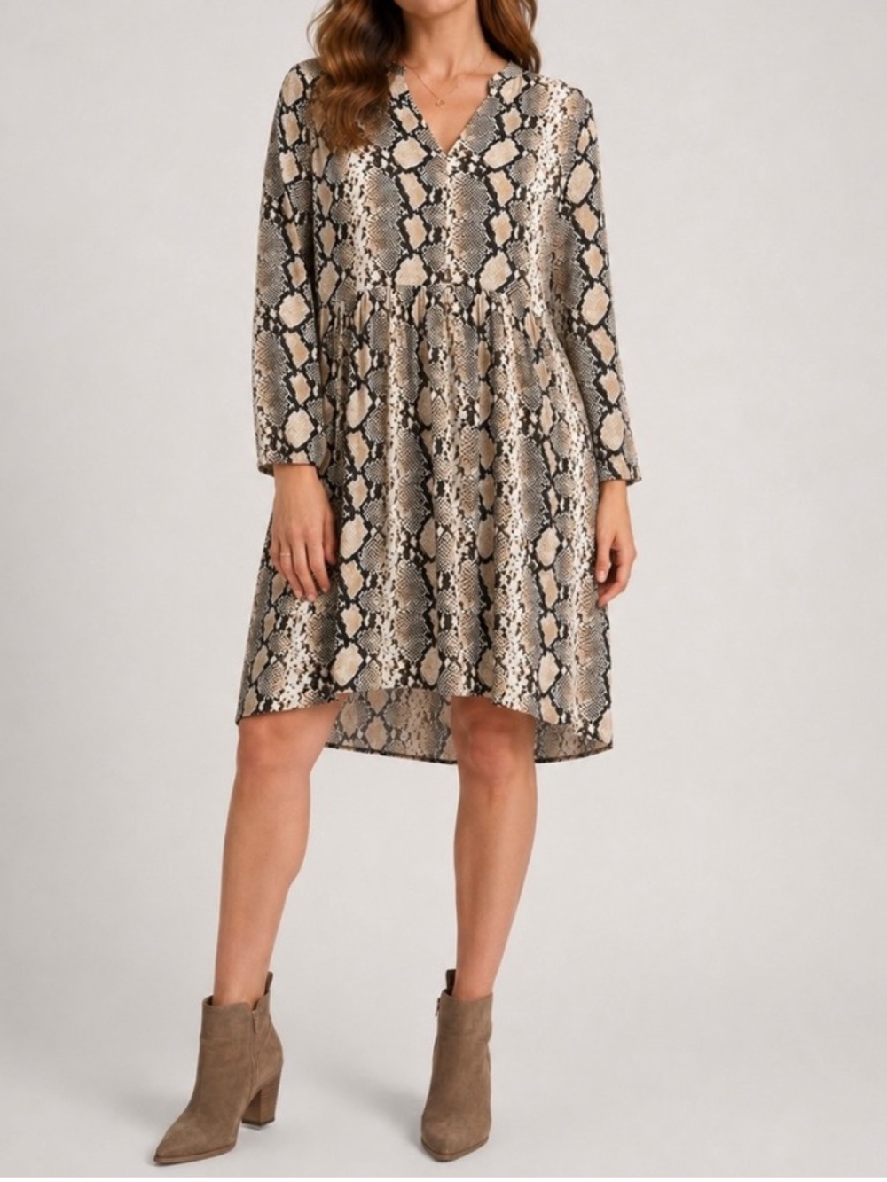 Anthropologie Maeve Brown and Cream Snake-Print Baby Doll Dress